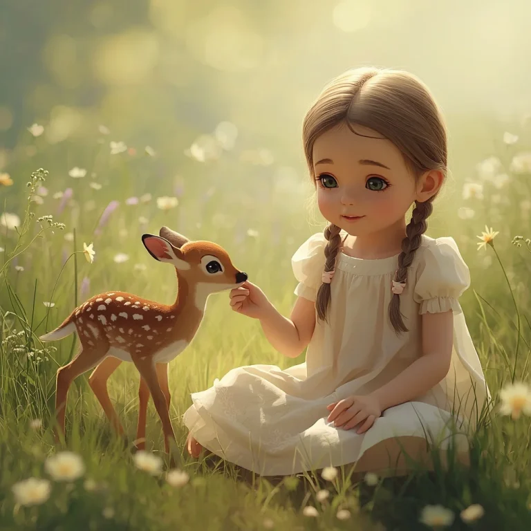 A Cute Girl’s Serene Moment with a Fawn in a Sunny Meadow | Kurti Girl Prompt