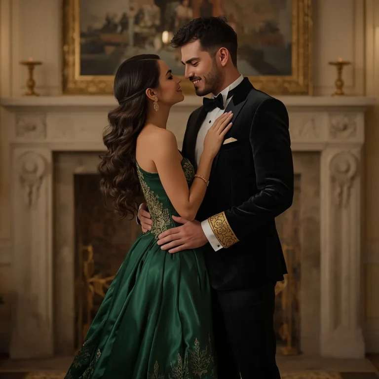 A Romantic Couple in Elegant Emerald and Gold Evening Wear | Romantic Couple Captured