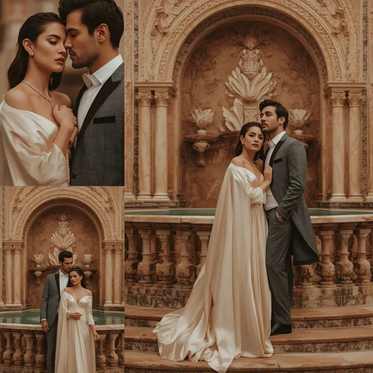 A Royal Marble Petal Fountain Portrait of an Elegant Couple | Regal Editorial Collage