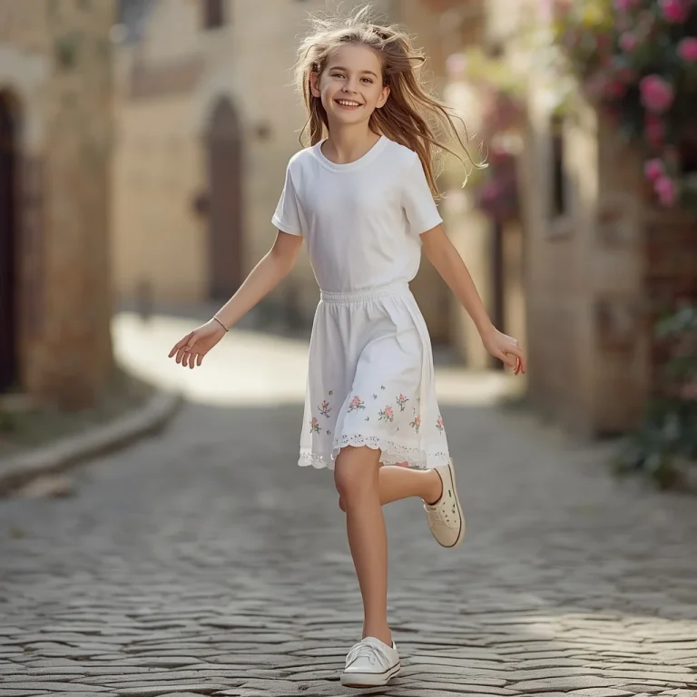 A Sweet Girl in a White T-shirt Dress with Embroidery | Cute Young Woman