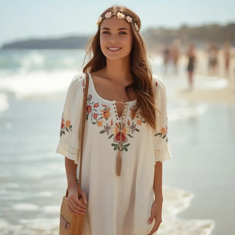 Bohemian Embroidered Tunic Dress for a Sunny Beach Day | Natural Images Prompt