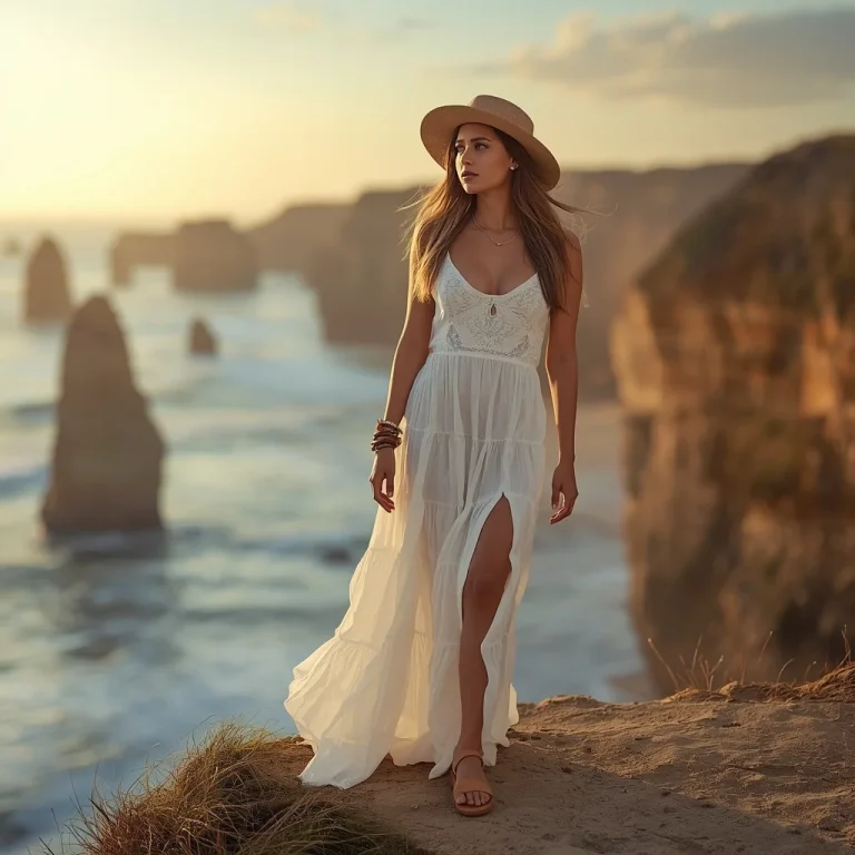 Bohemian Embroidered White Maxi Dress on a Coastal Cliff | Aesthetic Ai Prompt