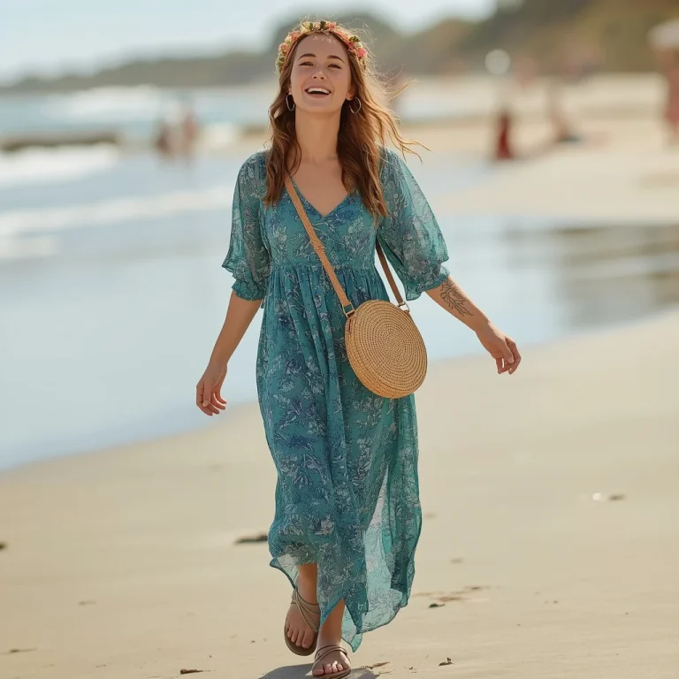 Bohemian Floral Print Maxi Dress for a Sunny Beach Day | Woman Ai Prompt