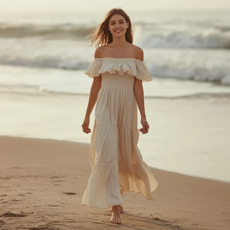 Boho Off-Shoulder Maxi Dress with Ruffles for a Beach Party | Prompt seen horror girl