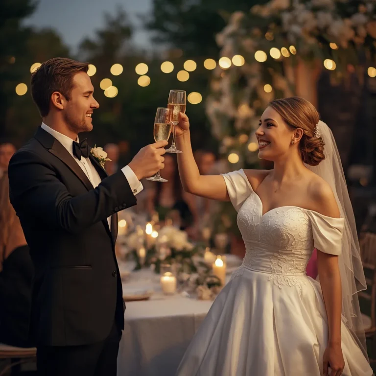 Joyful Celebration: Couple Raising Toasts at a Wedding | Prompt seen trending boy Instagram