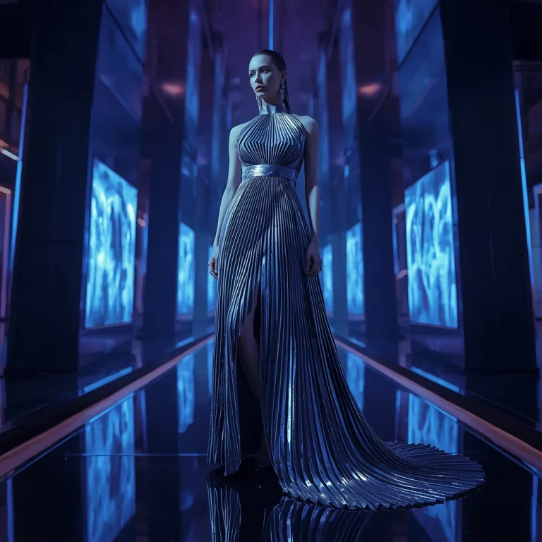 Metallic Pleated Gown for a Future-Forward Gala Event | creative ai prompt