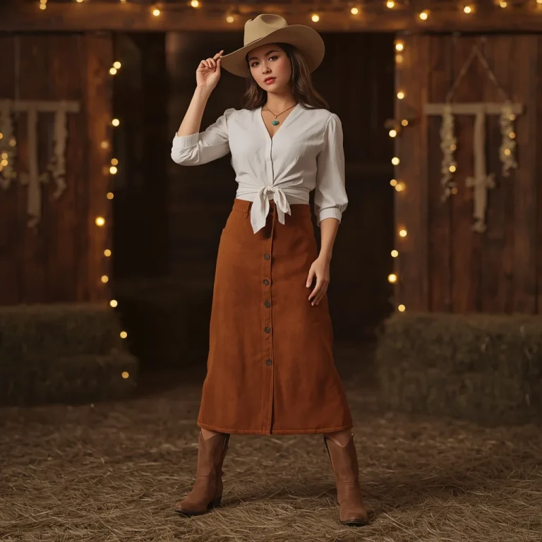 Modern Cowgirl Ensemble: Chic Blouse and Skirt for a Gathering | South Indian prompt for gemini girl Instagram