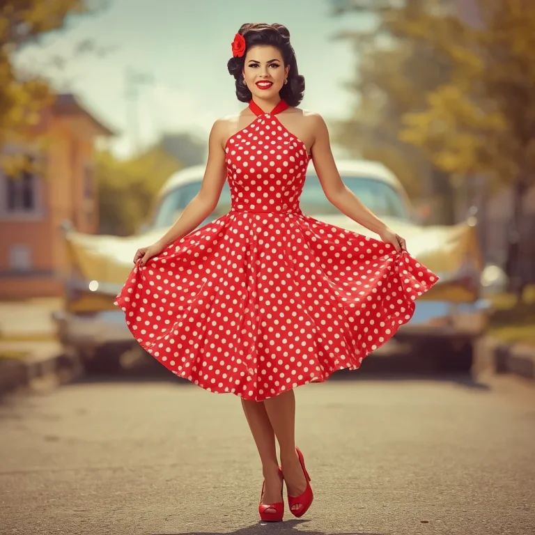 Retro Summer Vibe: Polka Dot Halter Dress with Red Lipstick | fashion ai prompt
