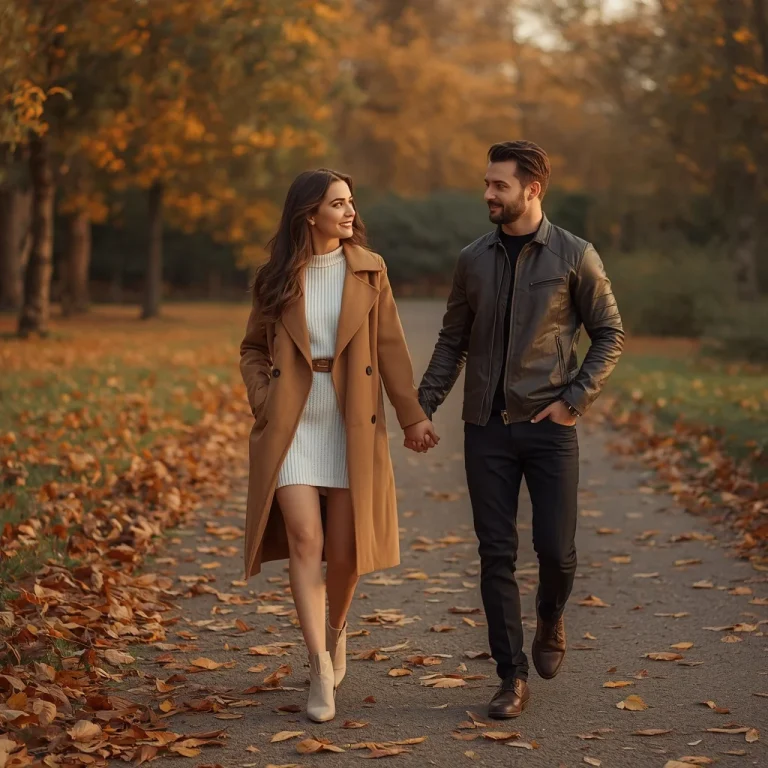 Romantic Couple in High Fashion Trench Coats Autumn Leaves | Realistic Couple Prompt