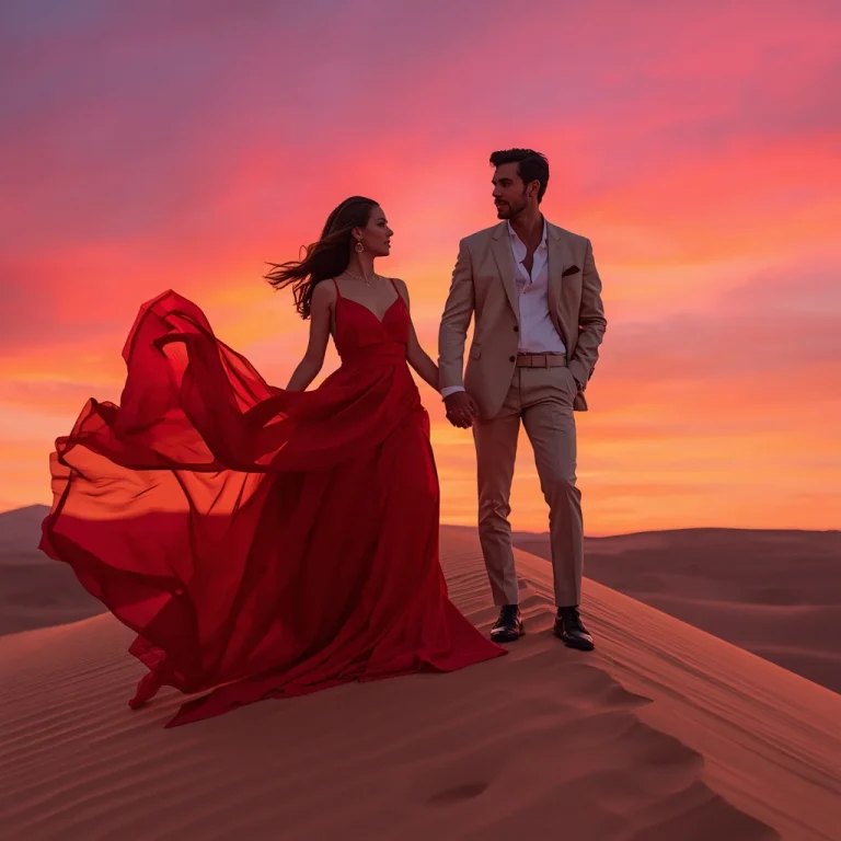 Romantic Couple in Vibrant Sunset Desert Glamour Outfits | Trending Couple Prompt