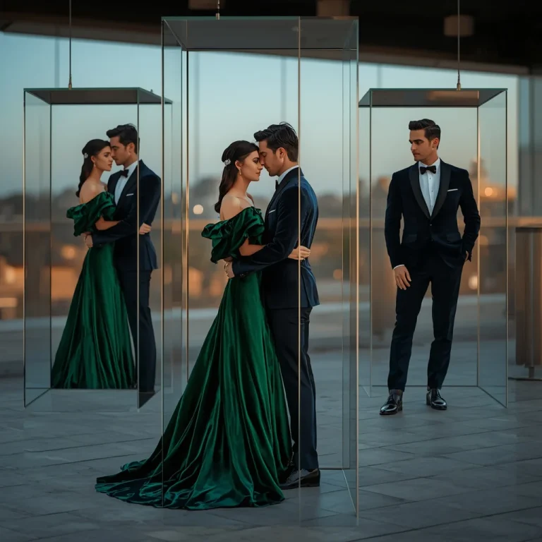 Romantic Couple Wearing Elegant Velvet Red Carpet Outfits In Glass Three | Couple Trending Prompt