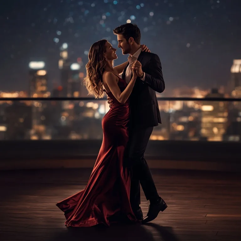 Romantic Dance: Couple on a Rooftop Under Stars | couple photography ai prompt