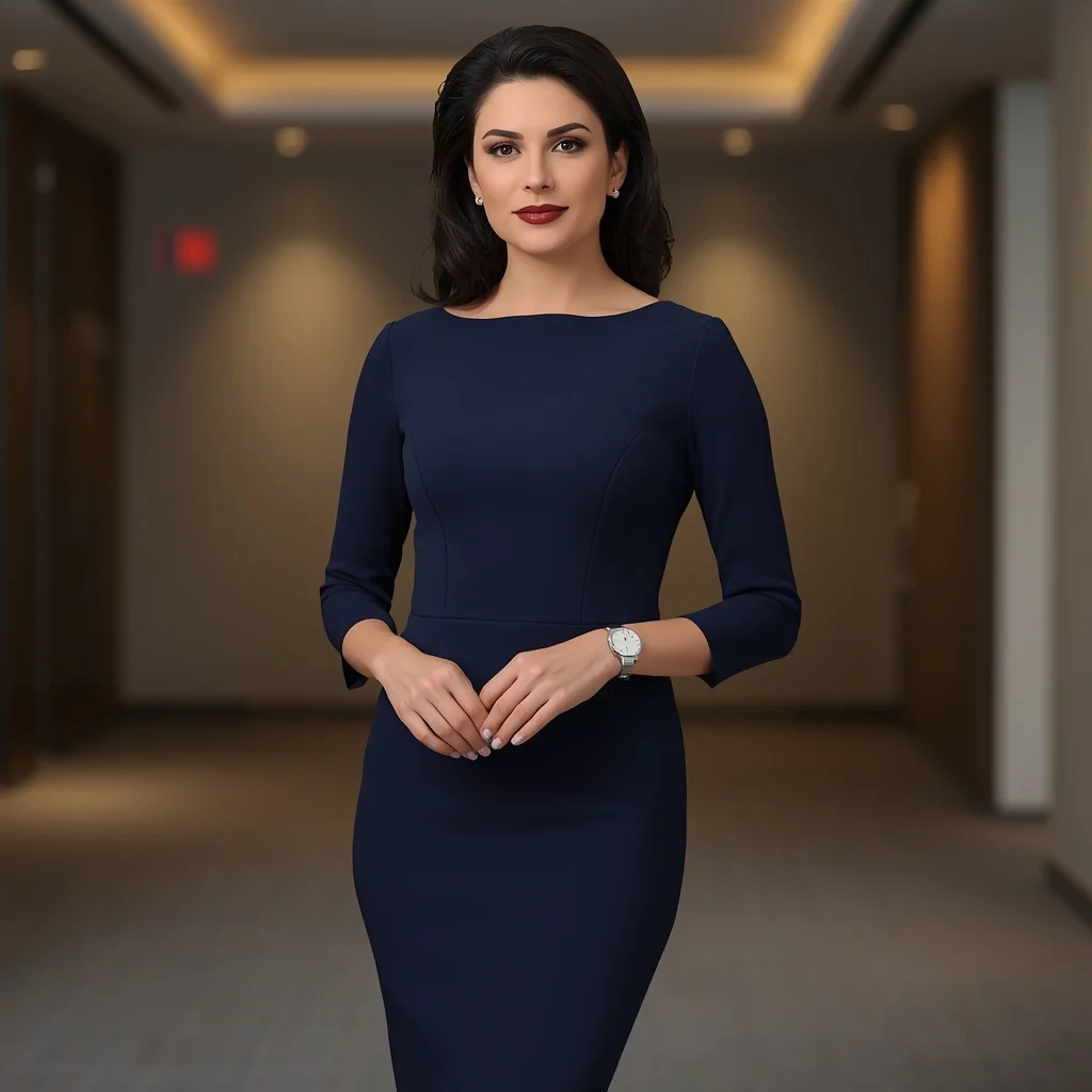 Sophisticated Navy Blue Pencil Dress for a Corporate Event | instagram photography ai prompt