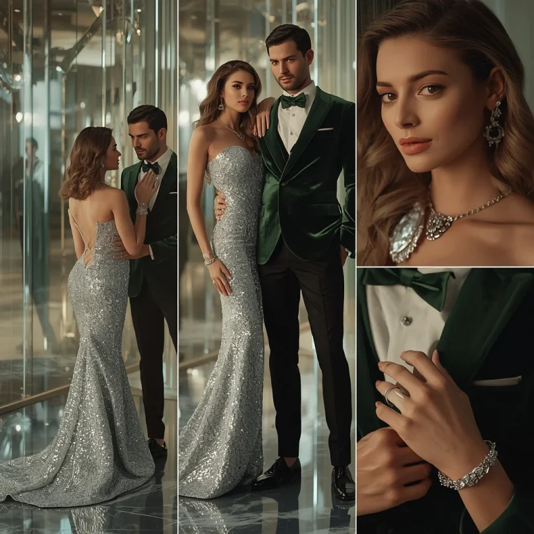 Stunning Hollywood Glamour Couple In Emerald And Silver Outfits Three | Cinematic Couple Prompt